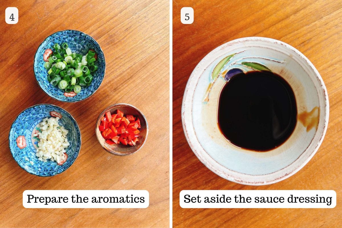 Two images: Left, three bowls with chopped green onions, minced garlic, sliced chili, and diced red peppers labeled Prepare the aromatics for Enoki mushroom salad. Right, a bowl with dark sauce labeled Set aside the sauce dressing.