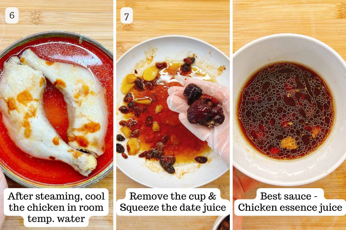 Three-step cooking process: Left shows Chinese steamed chicken legs cooling in water; center features a hand squeezing juice from dates and ingredients; right displays a bowl of dark chicken essence sauce.