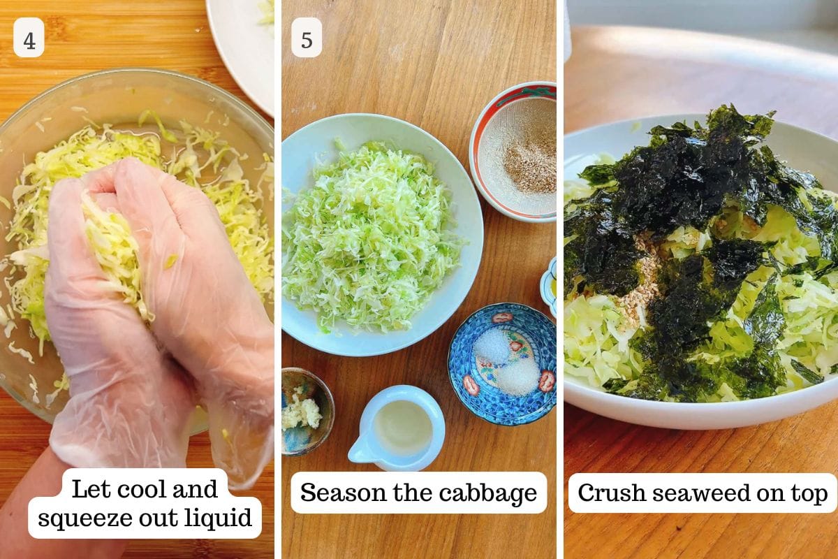 Three-step collage for preparing Korean cabbage salad: 1) Gloved hand squeezing liquid from shredded cabbage. 2) Seasoned cabbage in a bowl with small dishes of condiments nearby. 3) Crushed seaweed sprinkled on top of seasoned cabbage.