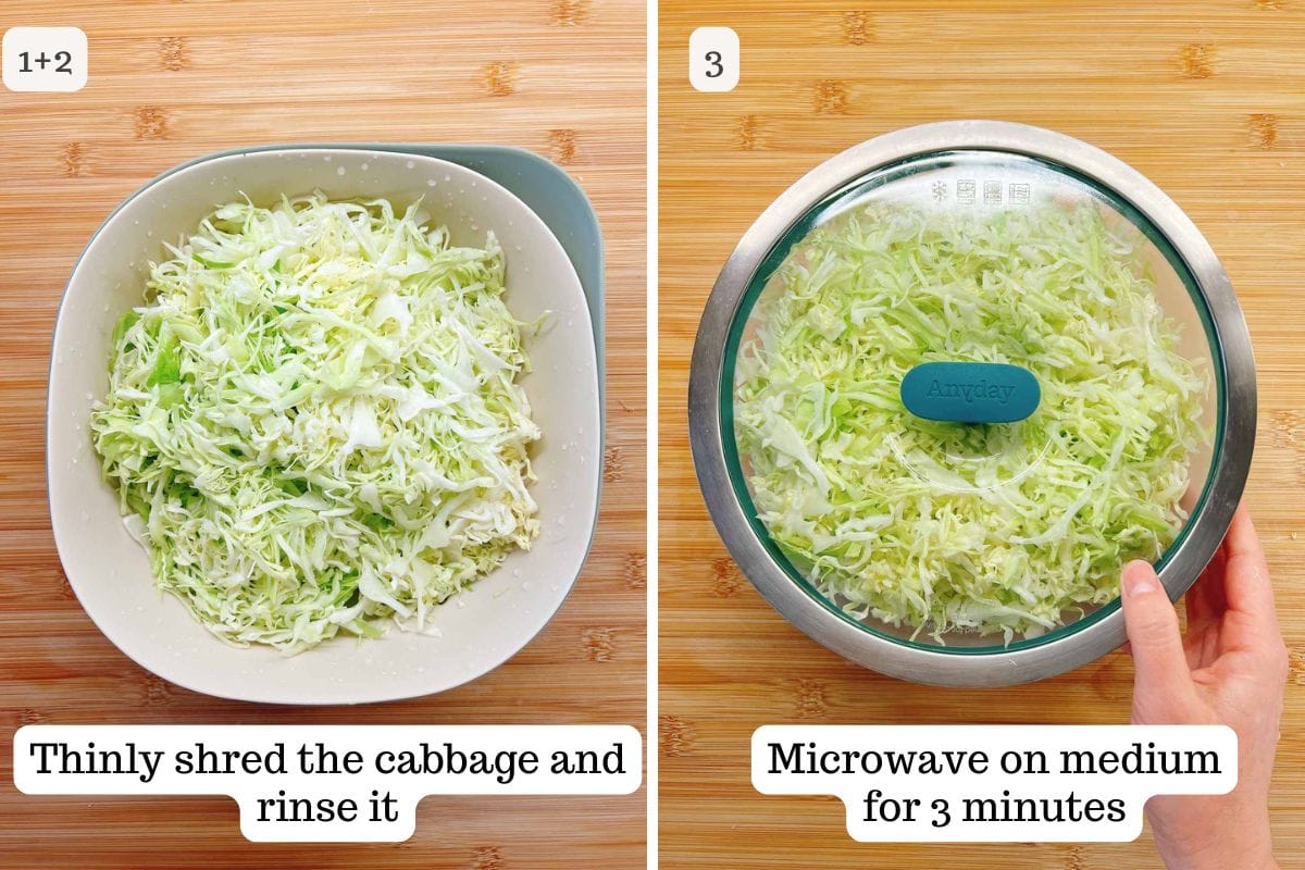 Two panels show Korean cabbage salad preparation: on the left, thinly shredded cabbage in a white bowl is being rinsed; on the right, the cabbage is covered and ready to be microwaved on medium for 3 minutes.