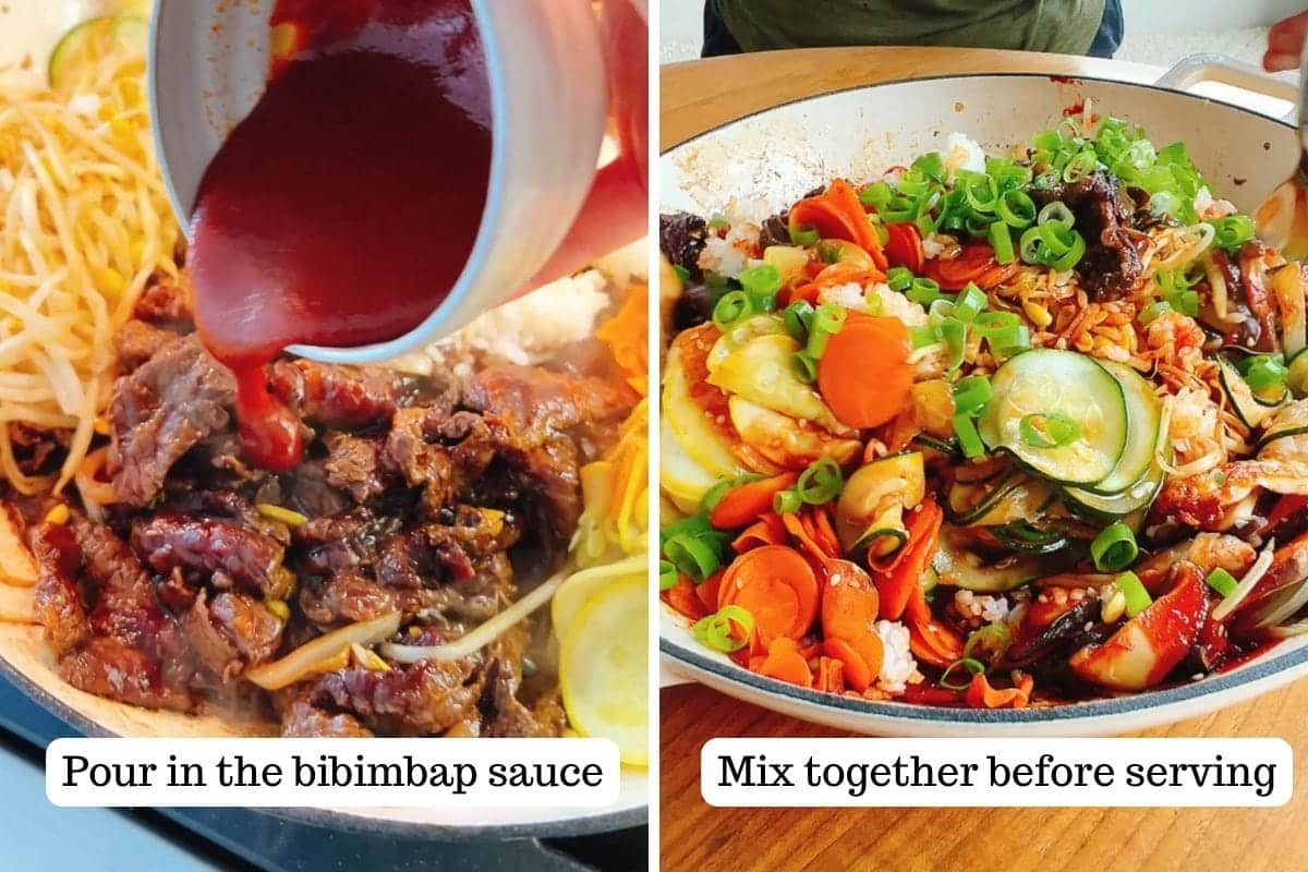 A split image: on the left, red bibimbap sauce is poured over Bulgogi Bibimbap with beef and vegetables; on the right, the mixed dish is topped with sliced carrots, cucumbers, and green onions. Captions describe each step.