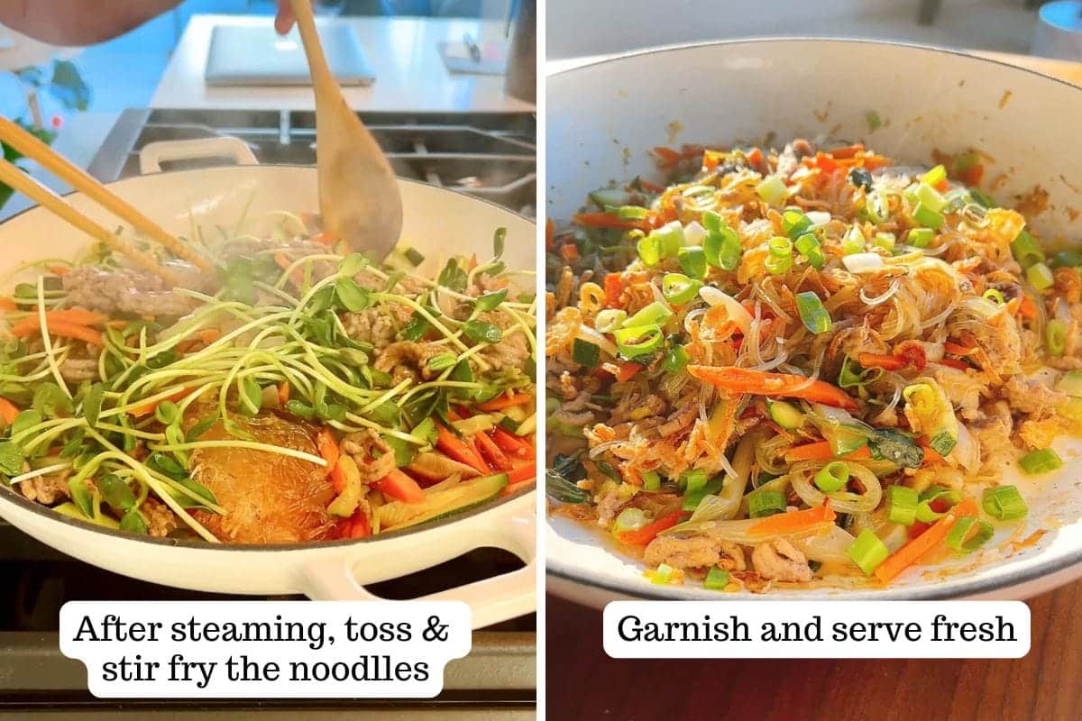 Split image: Left side shows a pan with one pan glass noodles, vegetables, and meat being tossed and stirred with chopsticks; right side shows the finished dish garnished with chopped green onions, ready to serve. Text guides shown on each side.