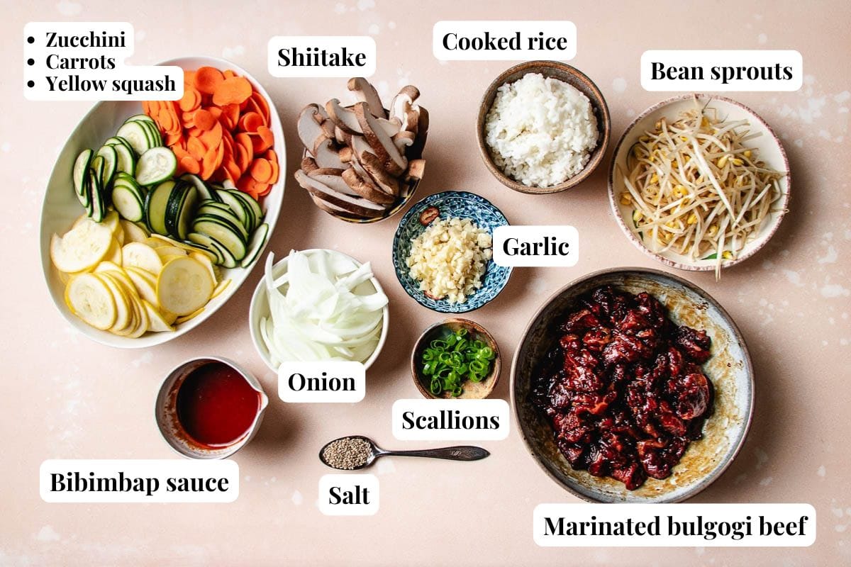 Overhead view of bowls containing sliced zucchini, carrots, yellow squash, shiitake mushrooms, cooked rice, bean sprouts, garlic, onion, scallions, salt, bibimbap sauce, and marinated Bulgogi Bibimbap beef—each ingredient clearly labeled.