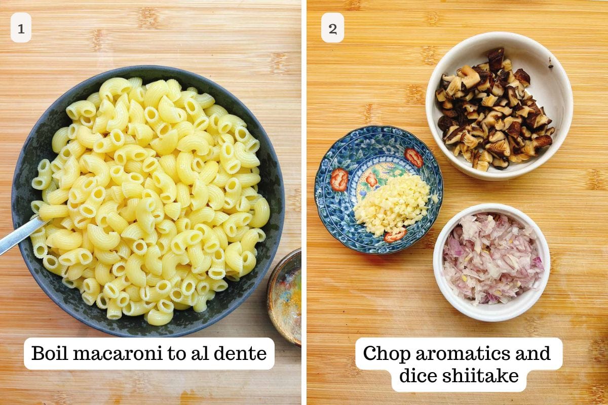 Image split into two sections: Left shows a bowl of cooked elbow macaroni, perfect for ground beef macaroni, labeled “Boil macaroni to al dente.” Right displays diced shallots, chopped shiitake mushrooms, and minced garlic as aromatics.