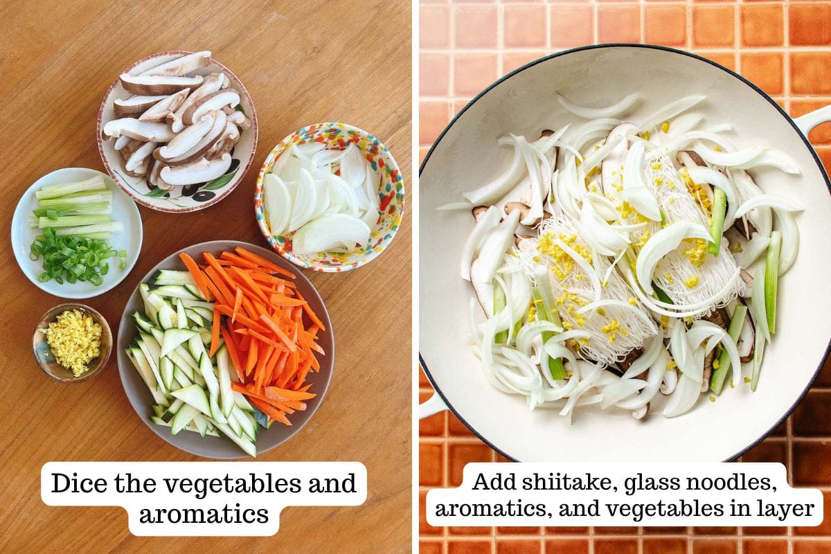 Five bowls with diced shiitake mushrooms, onions, green onions, ginger, carrots, and zucchini on a table; next to a pot with layered vegetables and aromatics for one pan glass noodles. Text instructions label each step.