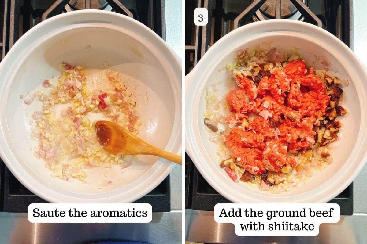 Split image of a pan on a stove: left, onions and garlic being sautéed with a wooden spoon; right, ground beef and shiitake mushrooms added for a tasty ground beef macaroni. Text labels describe each step.