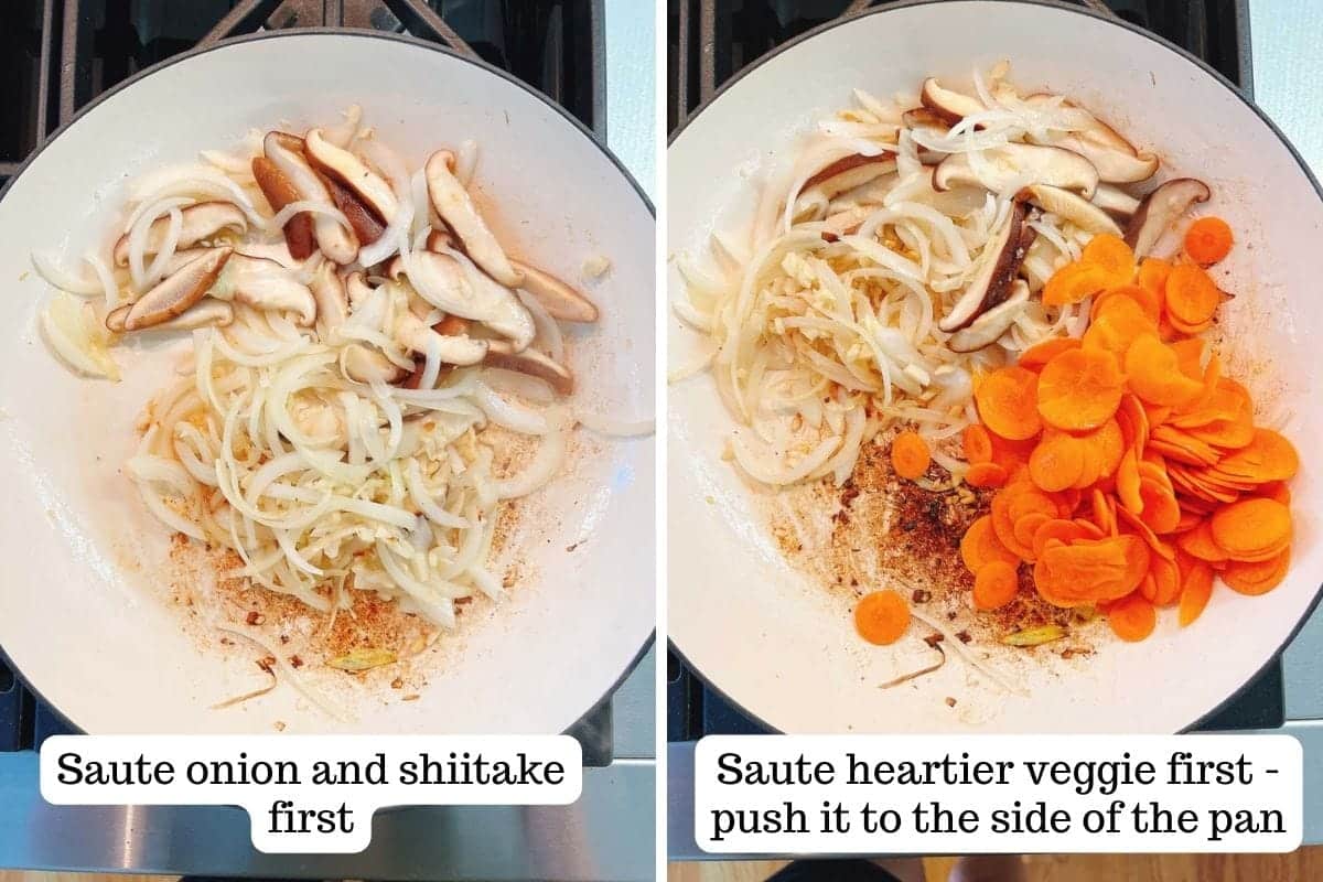 Two images of a frying pan: on the left, sliced onions and shiitake mushrooms are sautéed for Bulgogi Bibimbap; on the right, sliced carrots join in as the onions and mushrooms are pushed aside. Instructional text overlays both images.