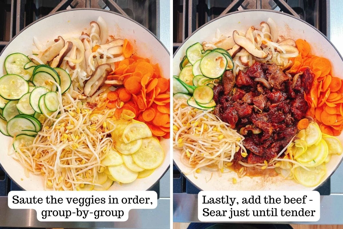 Side-by-side images of a pan on a stove. Left: layered sliced zucchini, yellow squash, carrots, mushrooms, and bean sprouts. Right: beef added to sautéed veggies for Bulgogi Bibimbap. Saute veggies group-by-group; lastly add beef—sear just until tender.