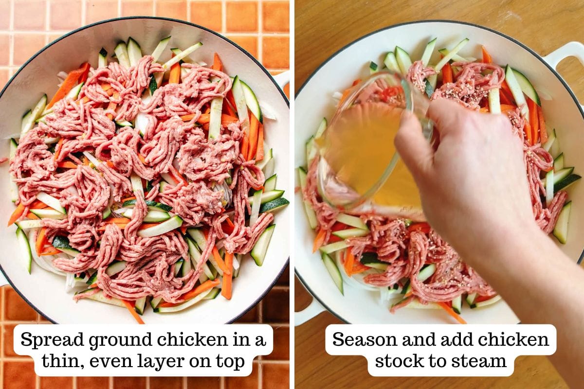 Left: Sliced vegetables topped with ground chicken in a pot for one pan glass noodles. Right: A hand pours chicken stock over the seasoned ground chicken and vegetables in the pot. Both images feature step-by-step cooking instructions overlaid.