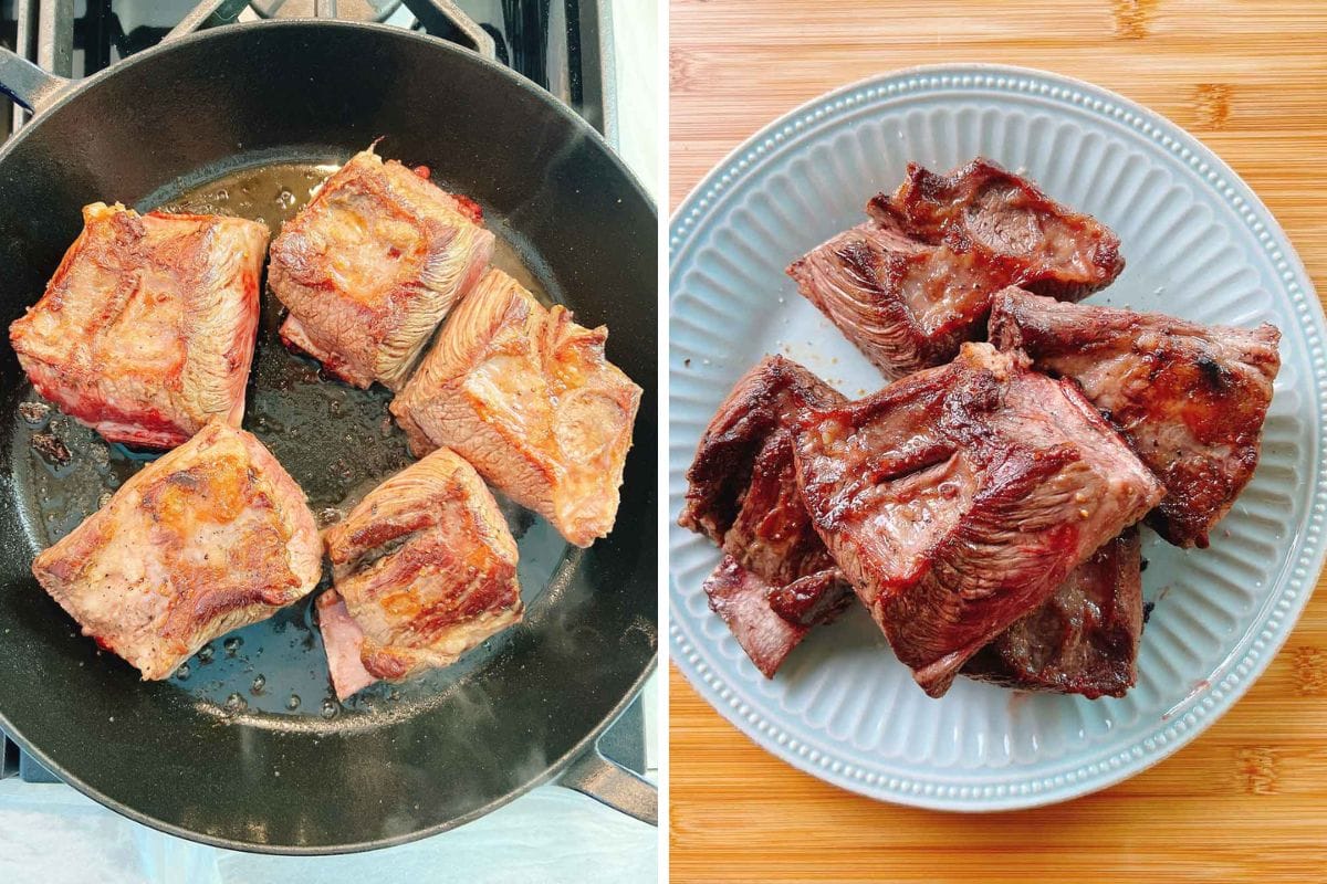 Left: Braised short ribs searing in a black skillet on a stovetop. Right: Tender braised short ribs arranged on a light blue plate atop a wooden surface.