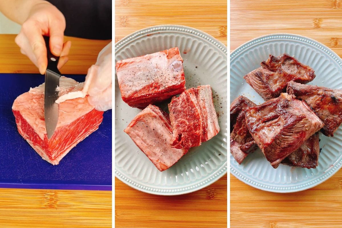 Three-panel image: First, hands trim fat from raw beef short ribs on a blue cutting board. Second, seasoned beef ribs rest on a light plate. Third, perfectly browned short ribs are plated and ready to braise.