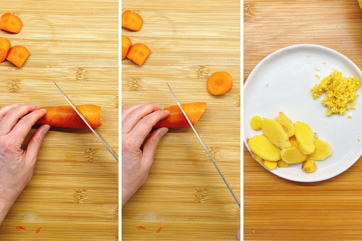 Three-panel image: first two panels show hands slicing a carrot on a wooden cutting board with a roll-cut technique; third panel shows sliced ginger and grated ginger on a white plate—ingredients ideal for preparing chicken ginger soup.
