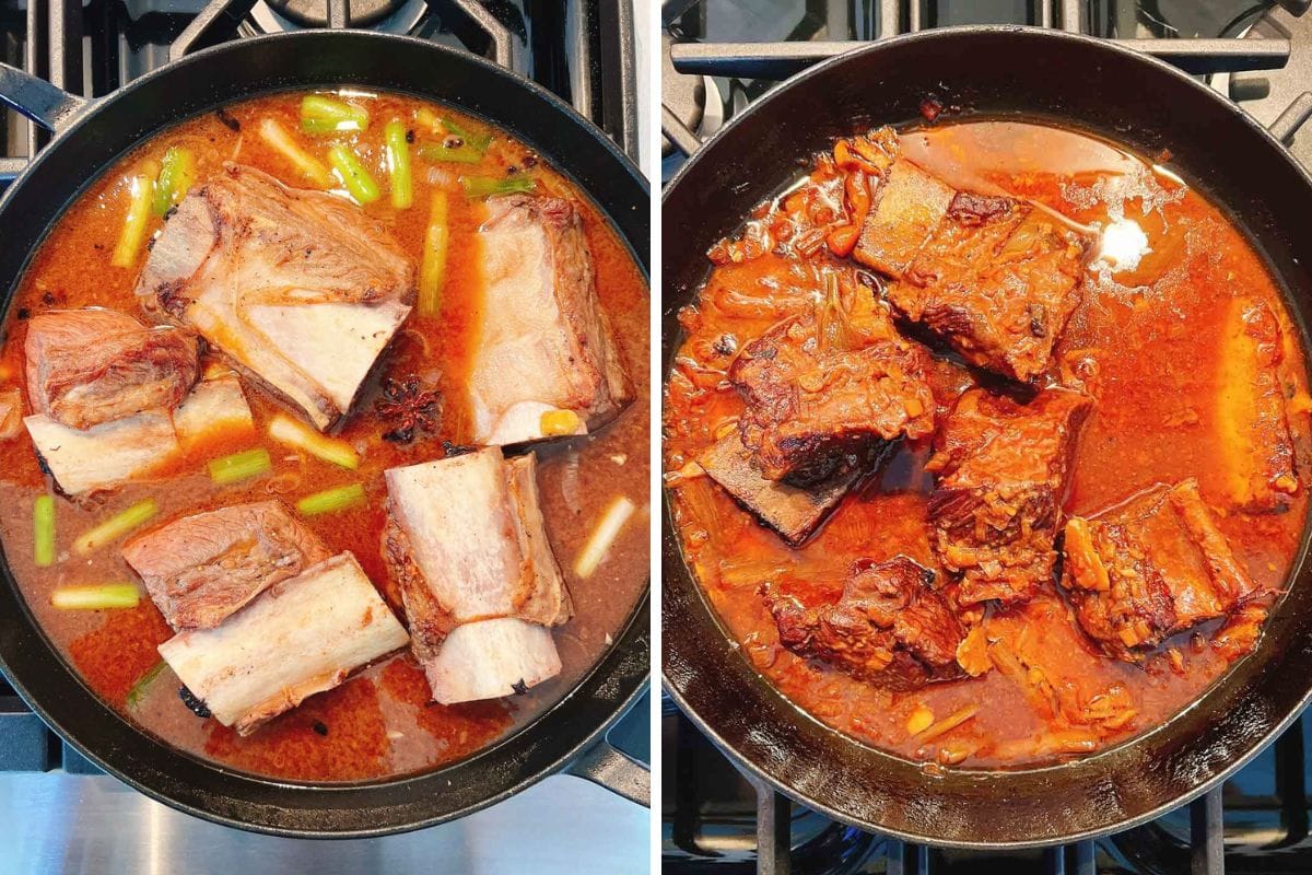 Side-by-side images of a pan with braised short ribs: on the left, raw ribs simmer in broth with vegetables; on the right, tender braised short ribs are coated in a rich, thick red sauce.