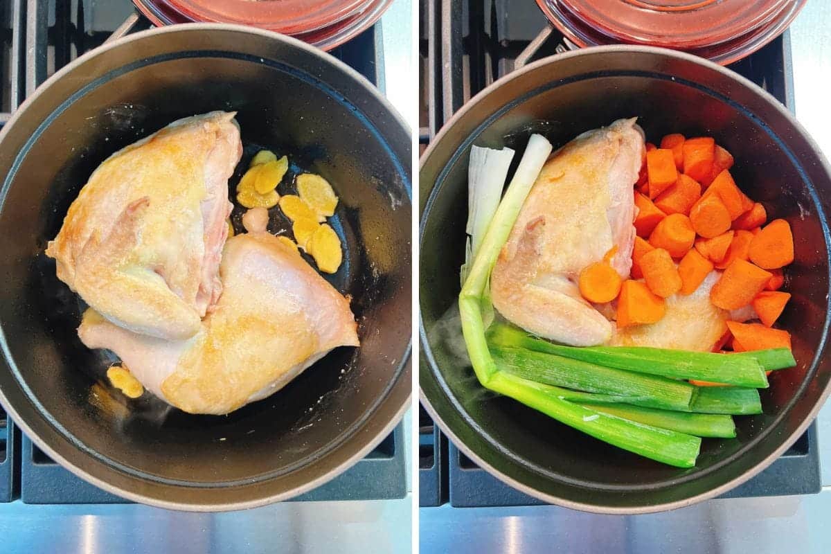 Two images side by side show a pot of chicken ginger soup with ginger slices on the left, and the same pot with added green onions and chopped carrots on the right, all simmering on a stove.