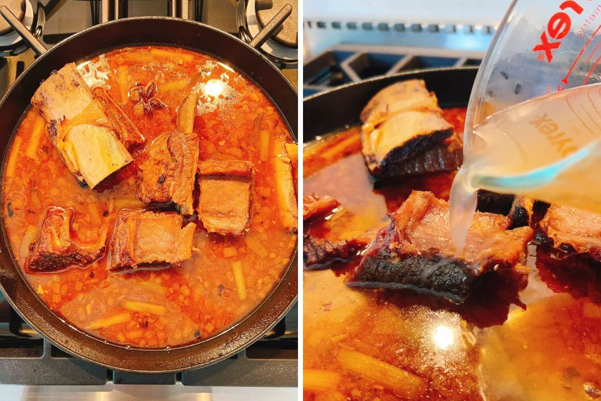 A pan filled with braised short ribs simmering in a rich, red broth on a stove; on the right, a close-up shows broth being poured over the tender ribs.