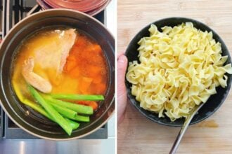 Left: A pot on a stove with chicken, ginger, carrots, and celery simmering in broth. Right: A bowl filled with cooked egg noodles, a hand holding the bowl, and a fork inside. Both images are on a light kitchen surface, perfect for chicken ginger soup.
