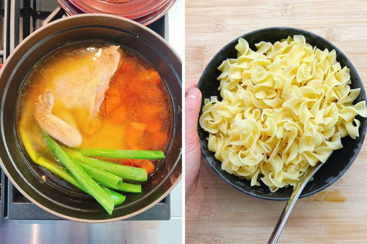 Left: A pot on a stove with chicken, ginger, carrots, and celery simmering in broth. Right: A bowl filled with cooked egg noodles, a hand holding the bowl, and a fork inside. Both images are on a light kitchen surface, perfect for chicken ginger soup.