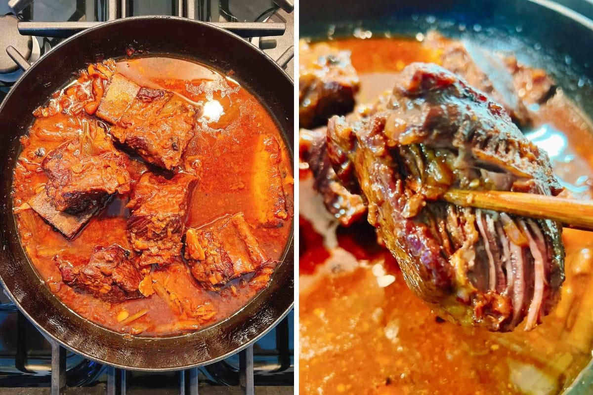 Two images side by side: Left, a pot on a stove with chunks of braised short ribs simmering in a rich, red sauce. Right, a close-up of tender beef being held with chopsticks over the same flavorful sauce.