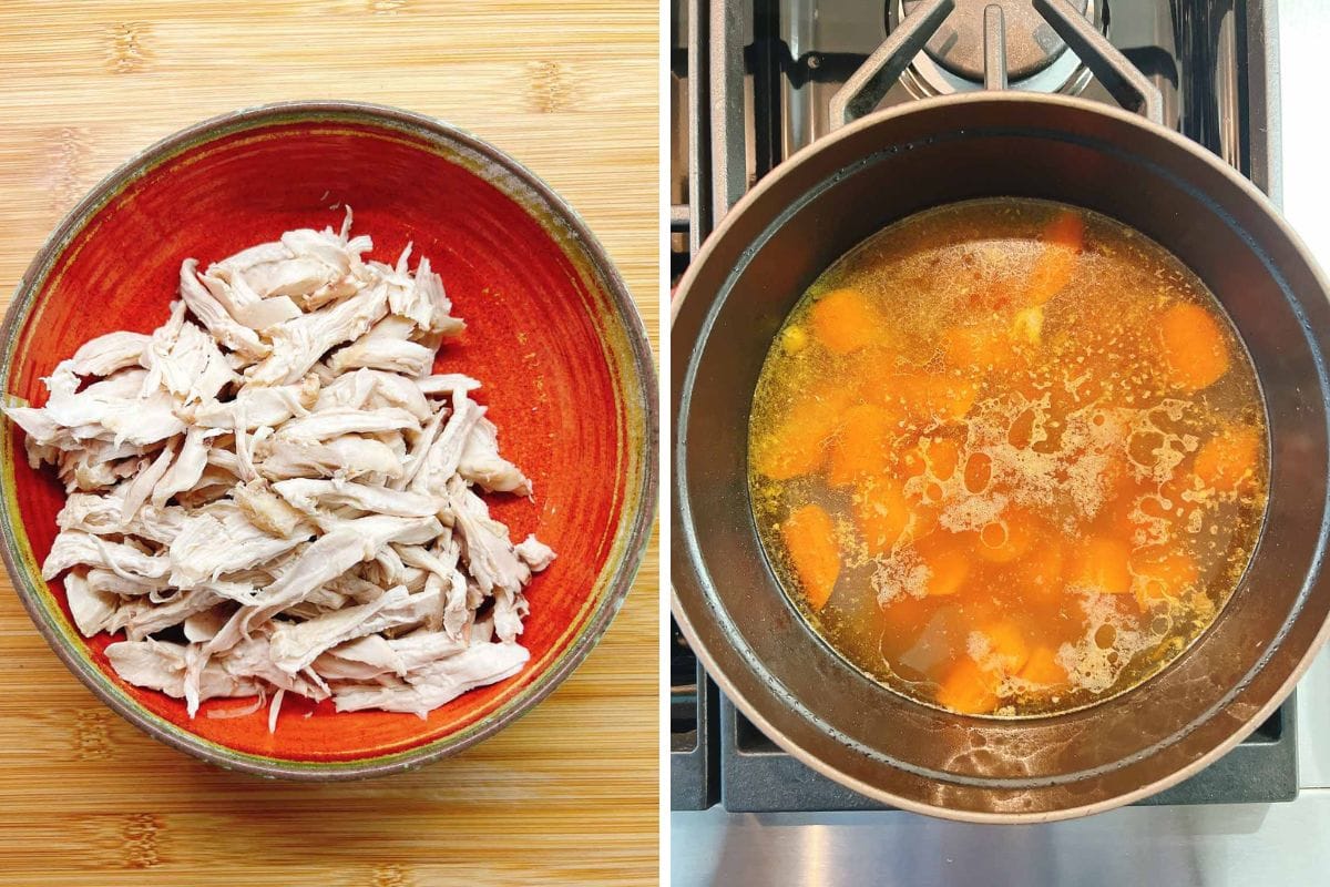 A split image: left side shows shredded chicken in an orange bowl on a wooden surface; right side shows a pot of chicken ginger soup broth with carrot pieces simmering gently on a stovetop.