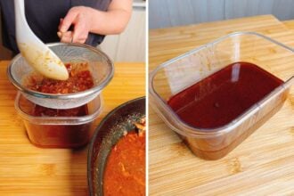 A person strains a chunky red braising sauce—perfect for braised short ribs—through a mesh sieve into a container; the second image shows the smooth, strained red sauce in a clear container on a wooden surface.