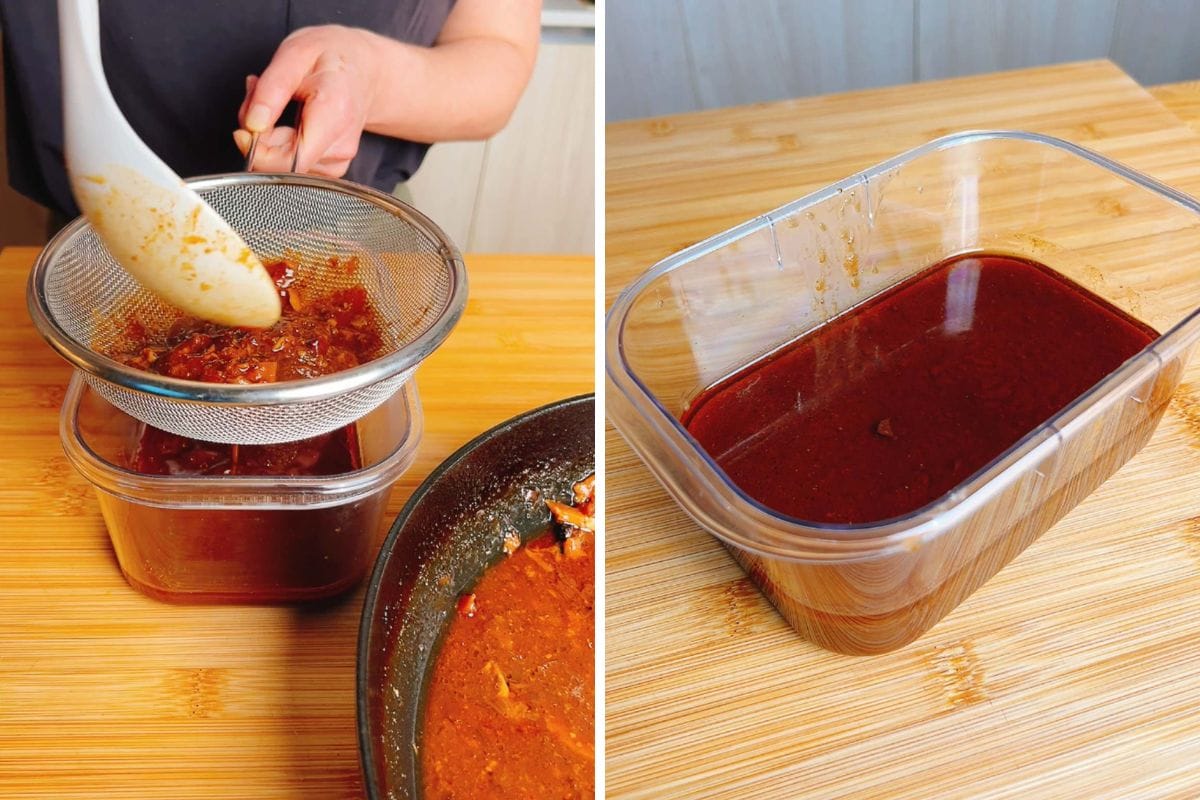 A person strains a chunky red braising sauce—perfect for braised short ribs—through a mesh sieve into a container; the second image shows the smooth, strained red sauce in a clear container on a wooden surface.