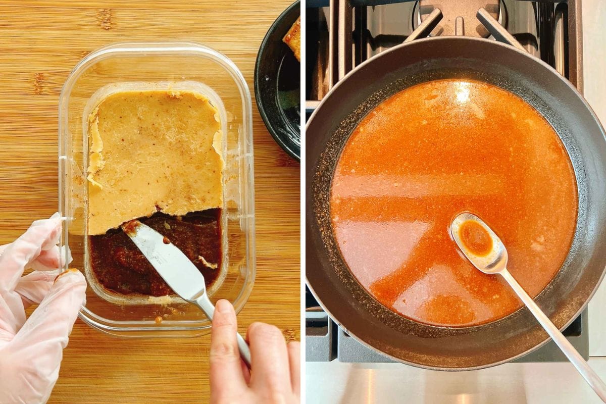 Left: A hand uses a spatula to scoop brown paste from a clear container. Right: A spoon rests in a pan of simmering reddish-brown sauce on a stovetop—both images capture stages of preparing braised short ribs.