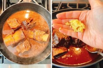 Two images side by side: on the left, braised short ribs simmer in a rich brown sauce; on the right, a hand adds minced garlic or ginger to the pan of tender braised short ribs.
