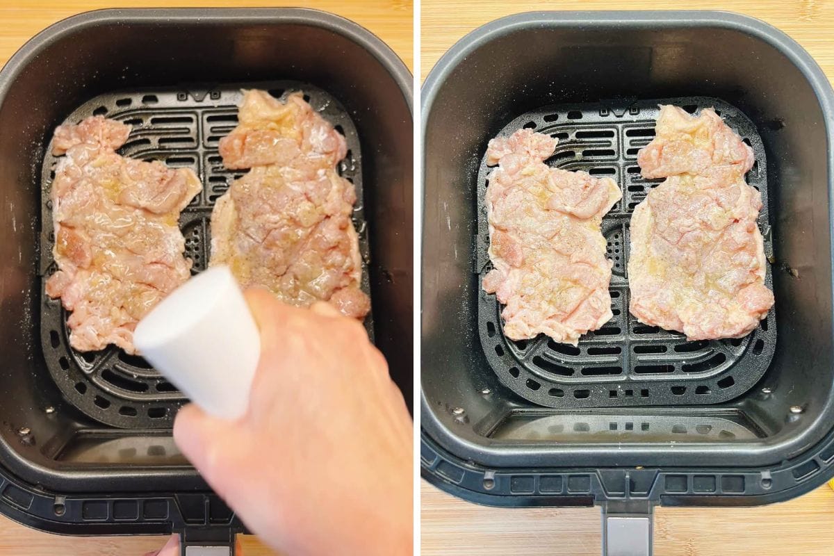 Two raw, breaded honey garlic chicken thighs in an air fryer basket; in the left image, a hand sprays oil onto the meat with skin side down, while the right image shows the chicken after being sprayed, ready to cook.