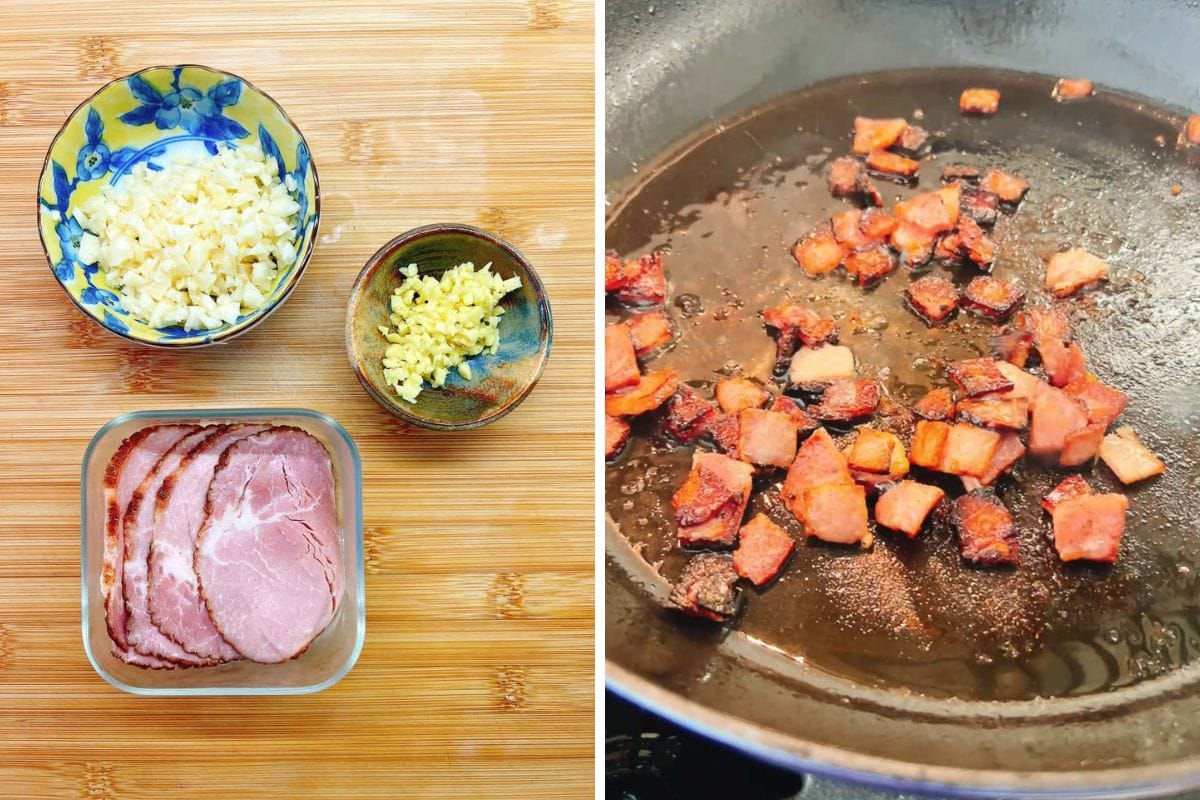 Left: Minced garlic, minced ginger, and slices of ham on a wooden board—perfect prep for braised napa cabbage. Right: Diced ham pieces being sautéed in a frying pan.