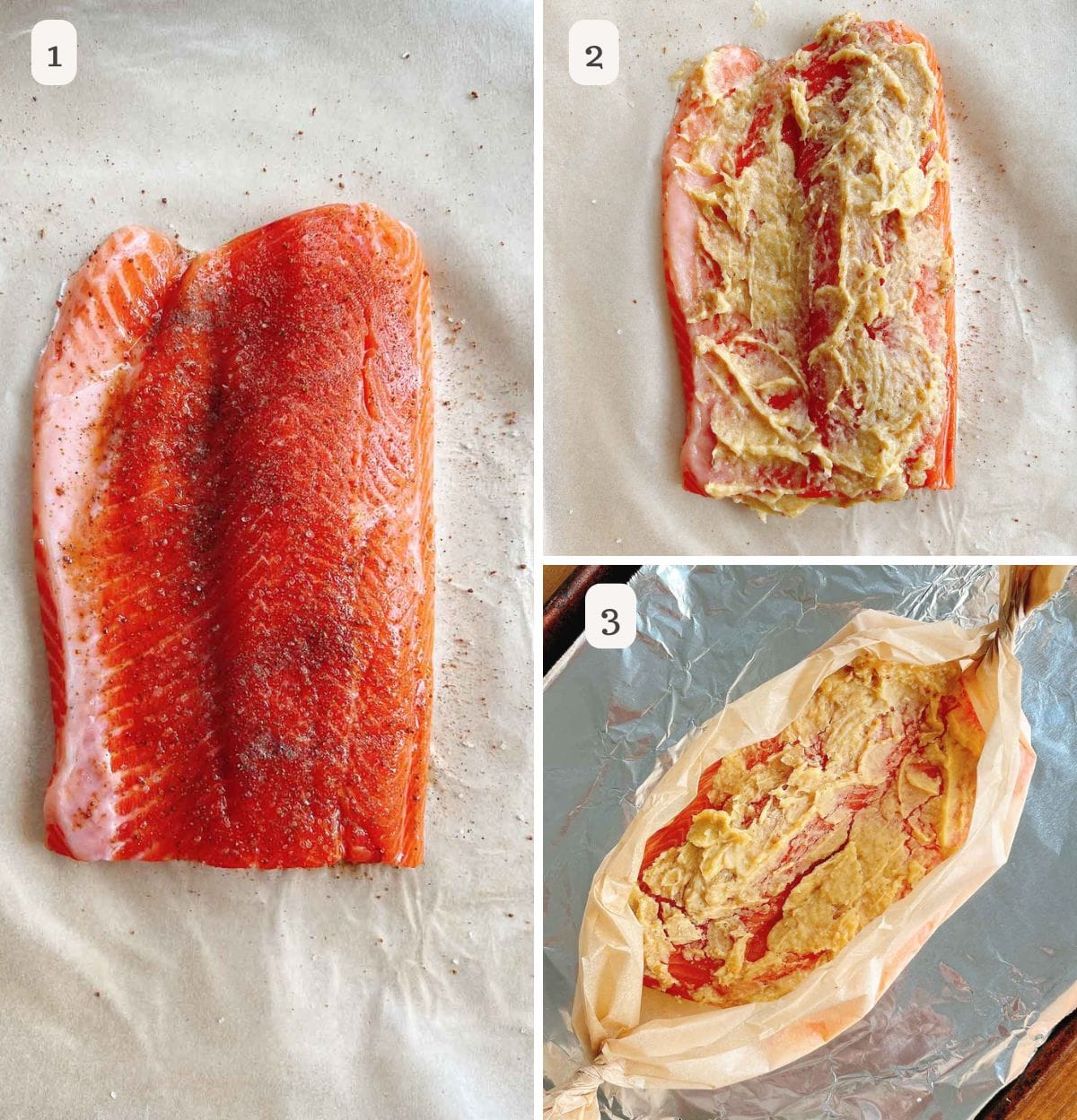 A three-step collage shows: 1) a raw rainbow trout fillet seasoned on parchment, 2) the fillet coated with a miso butter mixture, 3) the prepared trout wrapped in parchment and ready to bake.