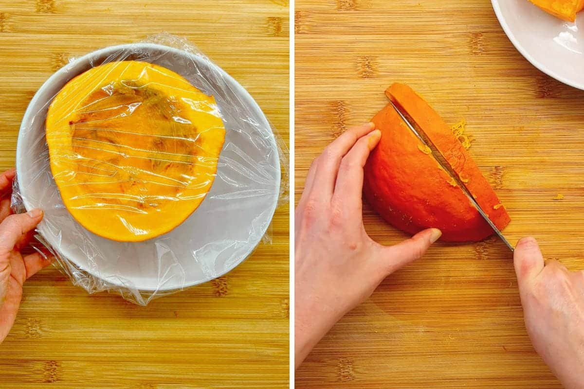 A halved red kuri squash covered with plastic wrap on a plate (left) to microwave in order to soften the squash for easy slicing. On the right, another hand slices the microwaved and softened squash with a knife on a wooden surface with ease.