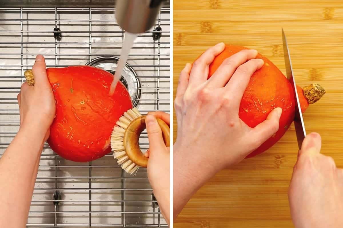 A person scrubs an orange/red red kuri squash under running water in a sink, then slices it with a knife on a wooden cutting board.