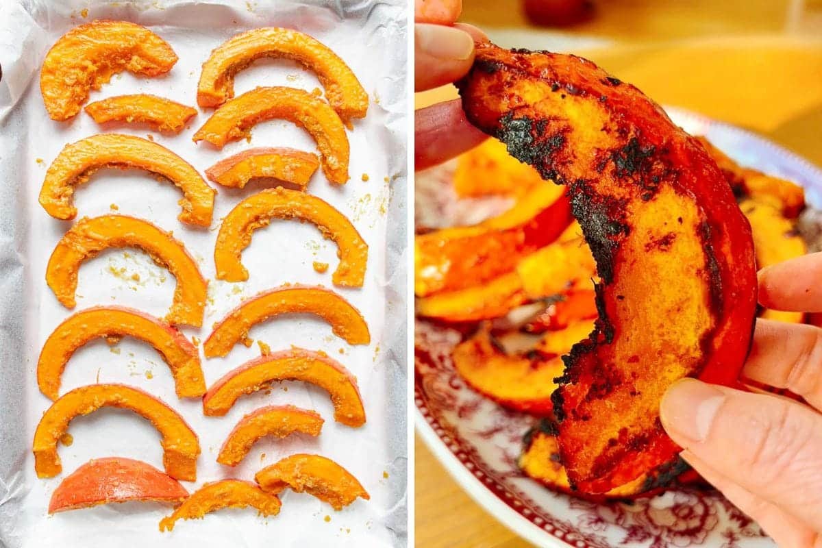Sliced roasted red kuri squash pieces on a baking tray lined with parchment paper and fully seasoned with butter and miso paste on the left; on the right, a hand holds a roasted pumpkin slice with a crispy, caramelized edge over a plate of more roasted slices.