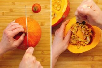 Two images side by side: left shows hands cutting the top off a whole red kuri squash on a wooden board; right shows hands scooping out seeds from the inside of the cut pumpkin.