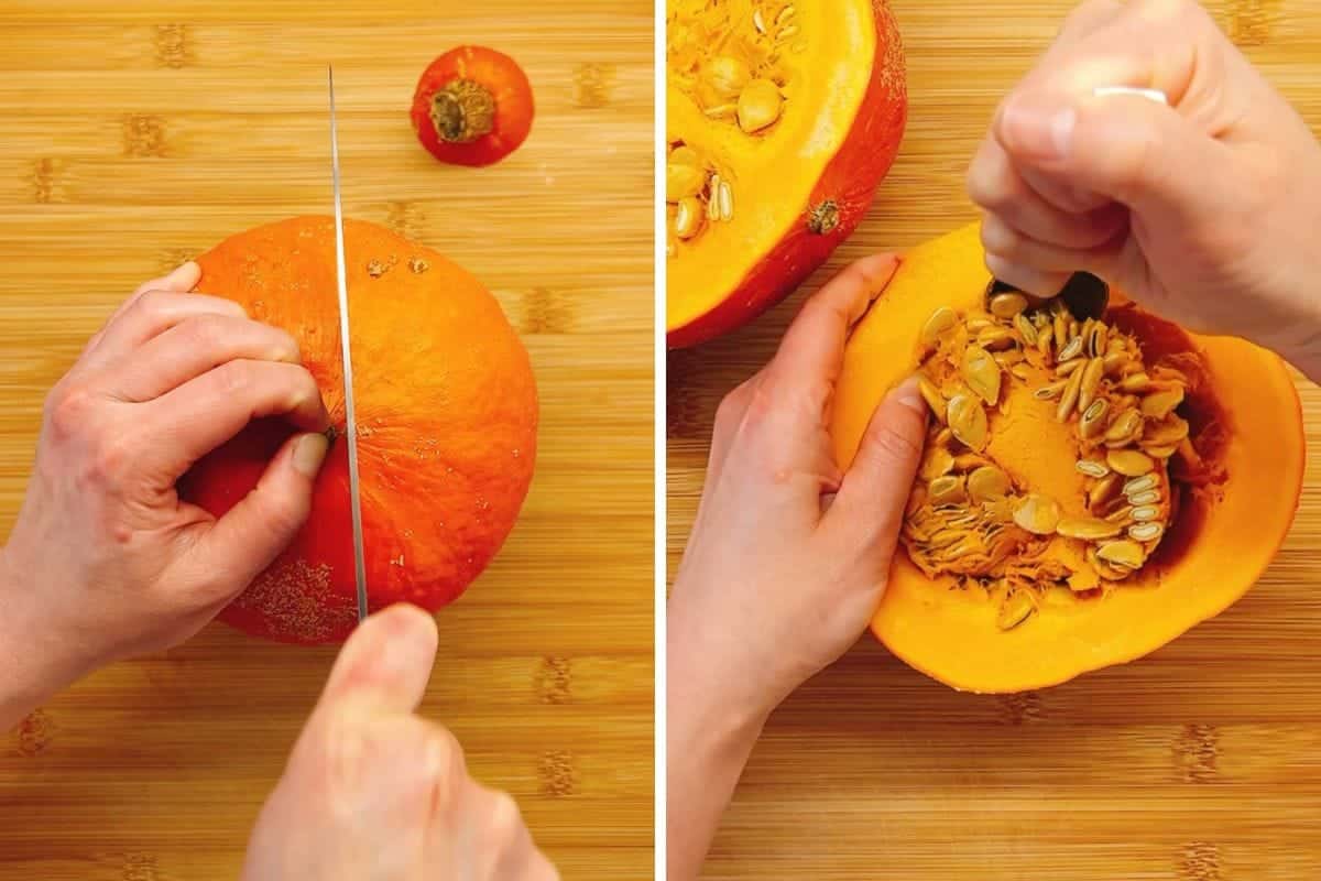 Two images side by side: left shows hands cutting the top off a whole red kuri squash on a wooden board; right shows hands scooping out seeds from the inside of the cut pumpkin.