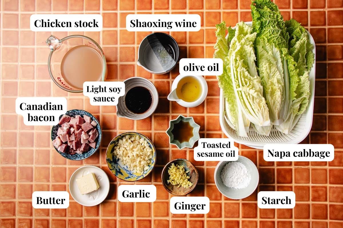 Overhead view of labeled ingredients for braised napa cabbage on a tile surface: chicken stock, Shaoxing wine, olive oil, light soy sauce, Canadian bacon, butter, garlic, ginger, toasted sesame oil, starch, and napa cabbage.