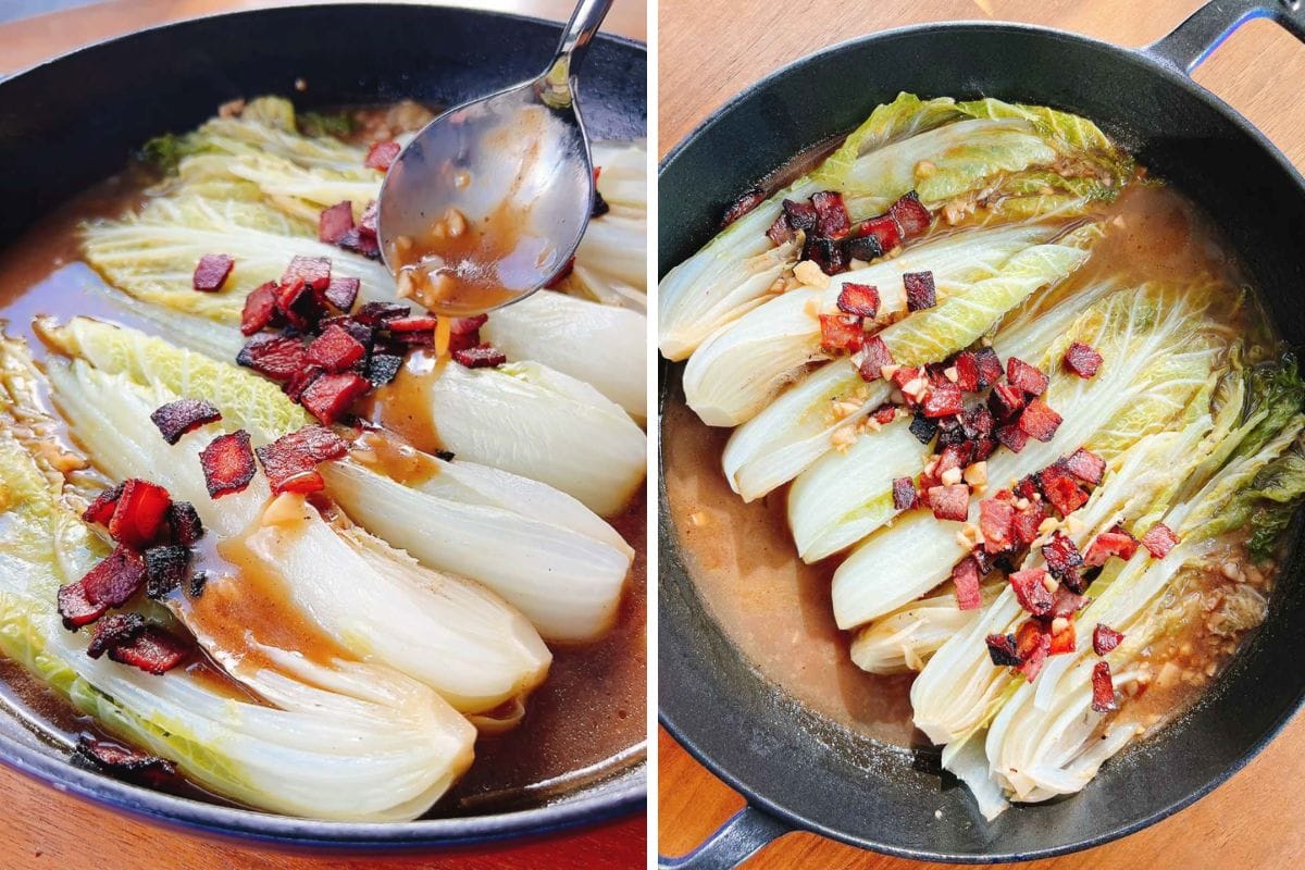 A cast iron pan with braised napa cabbage topped with a savory sauce and crispy diced bacon. A spoon drizzles sauce over the cabbage in the left image, while the right showcases the completed braised napa cabbage dish.