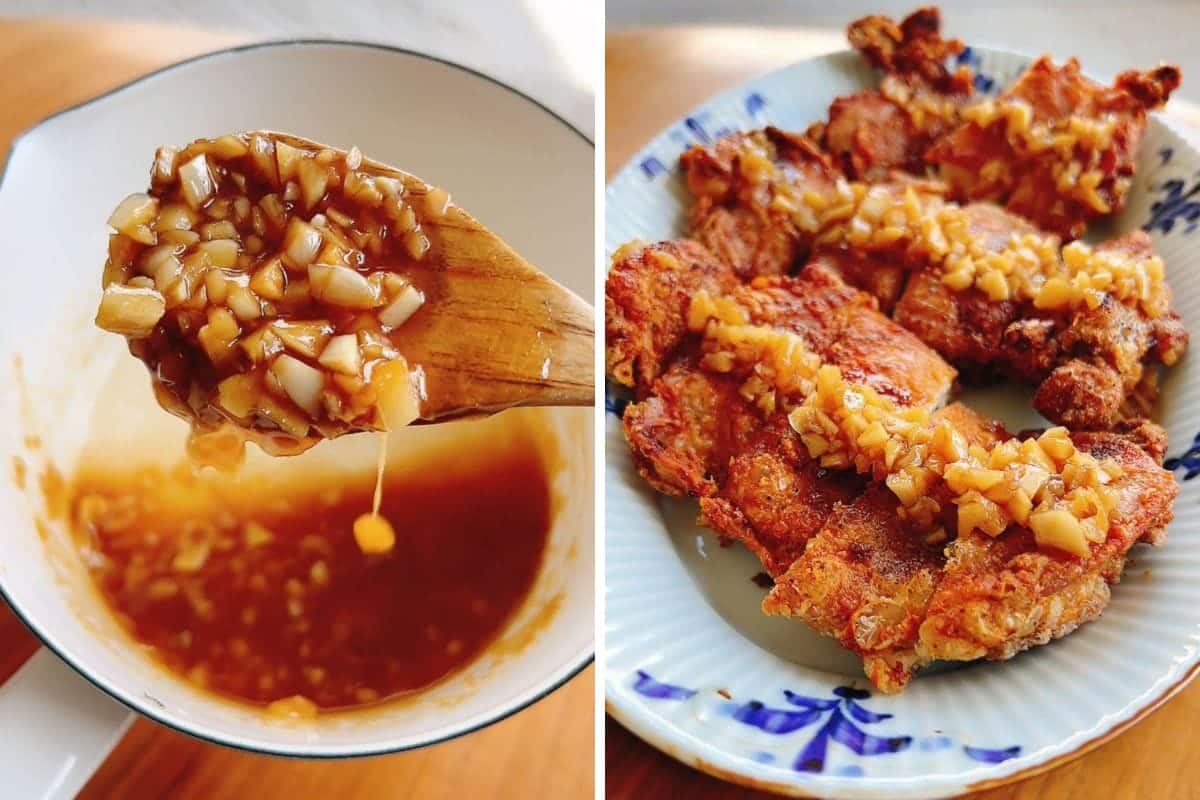 A wooden spoon holds chunky honey garlic sauce over a bowl, next to a plate of crispy fried chicken pieces inspired by honey garlic chicken thighs, each topped with the same savory honey garlic sauce.