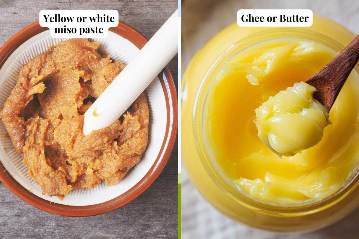 Side-by-side images: left, a bowl of yellow or white miso paste with a white pestle; right, a jar of ghee or butter with a wooden spoon. Perfect for making miso butter, both are clearly labeled.