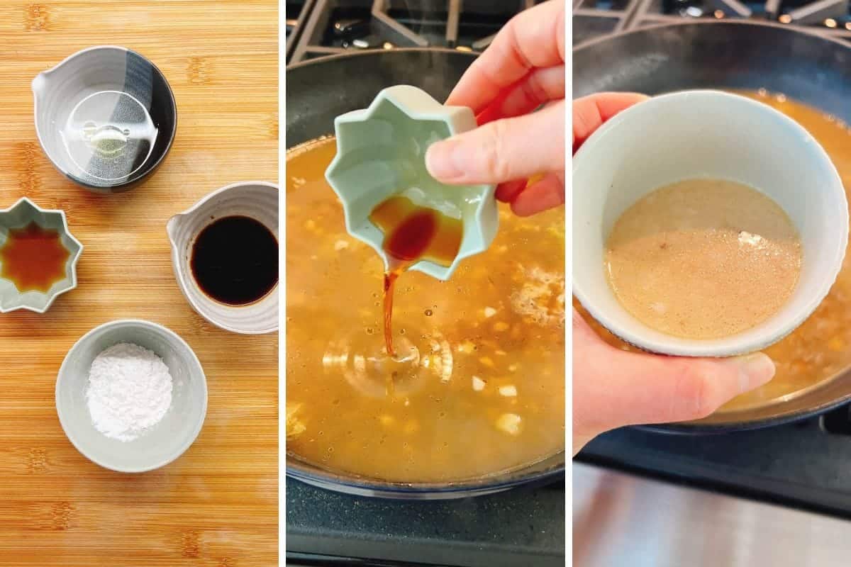 Three-step collage for braised napa cabbage: left, small bowls with sesame oil, soy sauce, starch, and water on a wooden surface; center, soy sauce is poured into a pan with sauce; right, a hand holds a cup of mixed starch thickener above the pan.