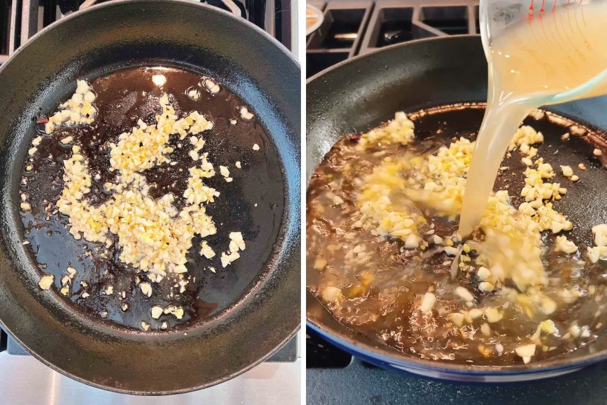 Side-by-side images show garlic and ginger sautéing in a black skillet on the left, and broth being poured in with the aromatics on the right—key steps for making flavorful braised napa cabbage on a stovetop.