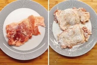 Side-by-side images show raw chicken thighs on a plate. The left image displays a plain, uncooked thigh, while the right features two chicken thighs coated with flour and seasoning on a striped plate.