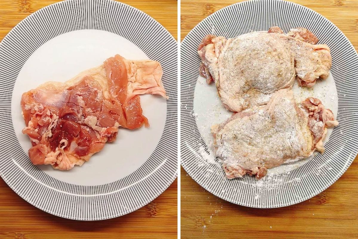 Side-by-side images show raw chicken thighs on a plate. The left image displays a plain, uncooked thigh, while the right features two chicken thighs coated with flour and seasoning on a striped plate.