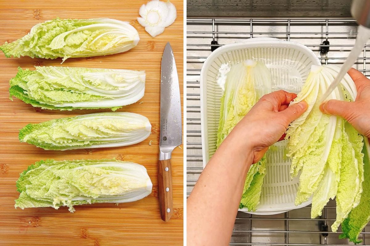 On the left, four napa cabbage quarters and a knife are on a cutting board. On the right, hands prepare braised napa cabbage by rinsing and separating leaves under running water over a strainer in a sink.