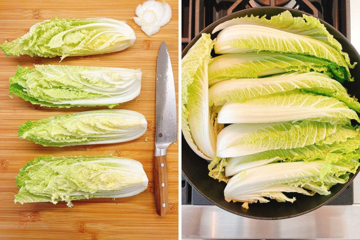 Four napa cabbage quarters and a knife on a wooden cutting board (left); braised napa cabbage quarters arranged in a large pot on a stove (right).