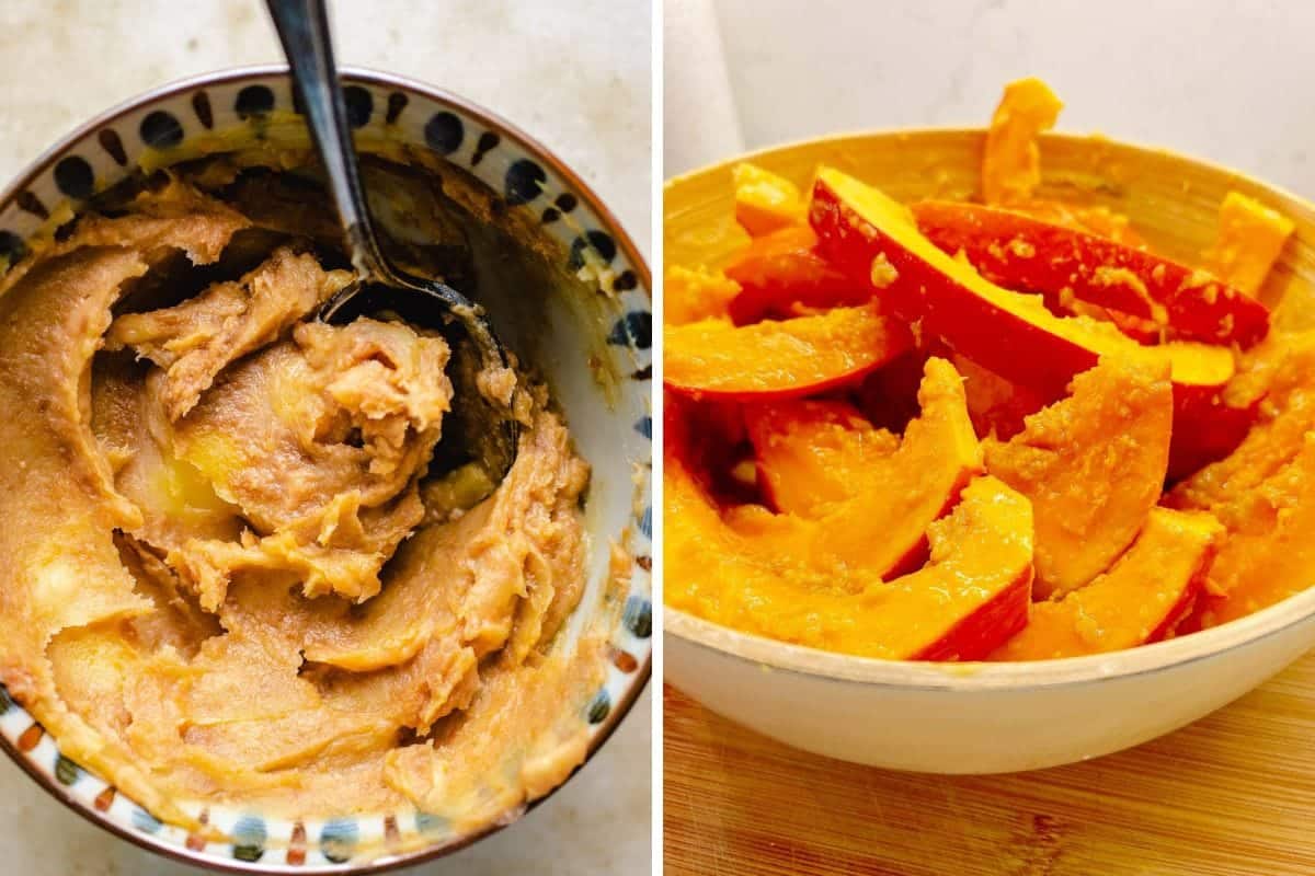 Left: A bowl with creamy, light brown miso paste and a spoon. Right: Sliced red apples coated in the same miso paste mixture, ready to pair with roasted red kuri squash. Both bowls sit on a light surface.