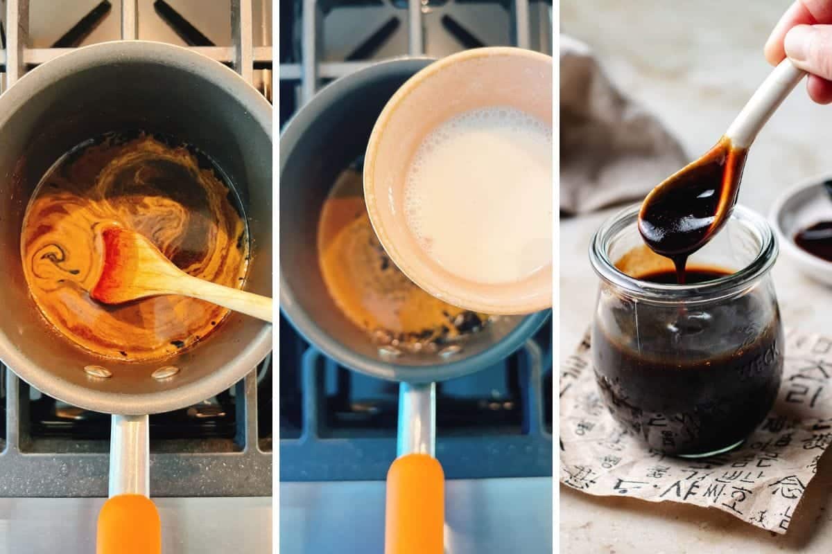 Three images: stirring dark soy sauce in a saucepan on the stove, pouring liquid into the saucepan, and drizzling thick Taiwanese soy sauce from a spoon into a glass jar—perfect for marinating for Cornish hens.