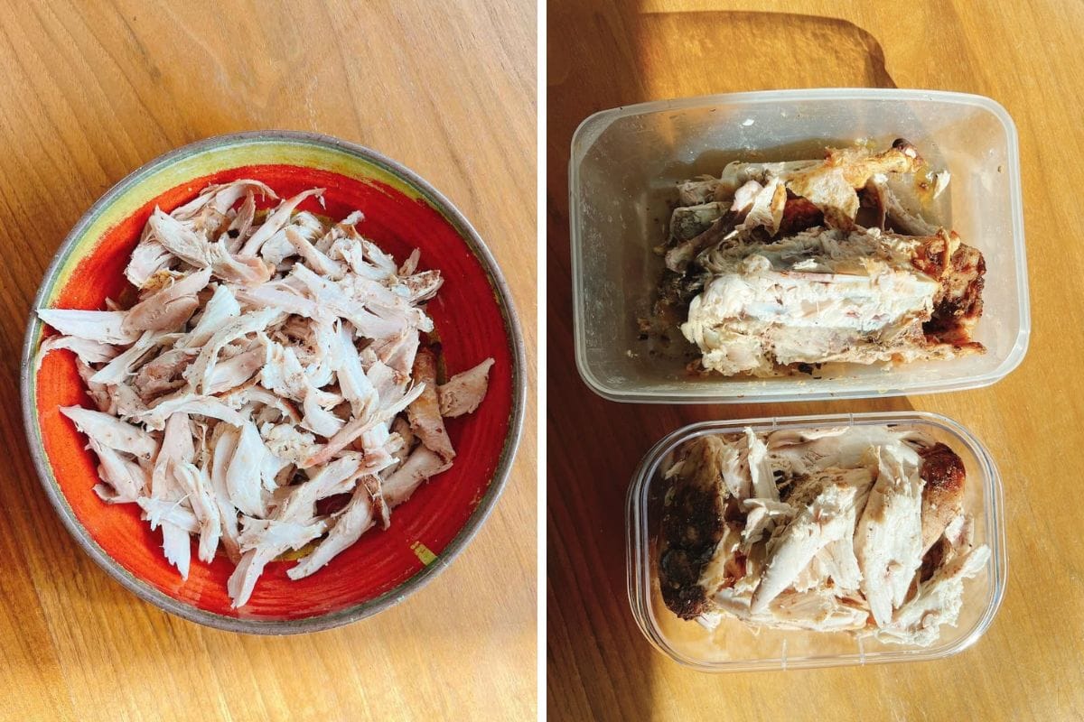 Shredded cooked turkey in a colorful bowl on the left; on the right, cooked turkey leftovers and bones ready for turkey pho bone broth, stored in clear plastic containers on a wooden surface with sunlight.