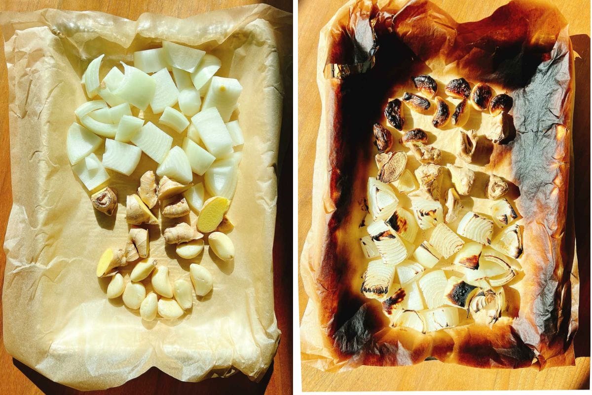 Side-by-side images: on the left, raw chopped onion, garlic, and ginger—aromatics essential for Turkey pho bone broth—on a parchment-lined tray; on the right, the same ingredients roasted and browned to enhance their flavor.