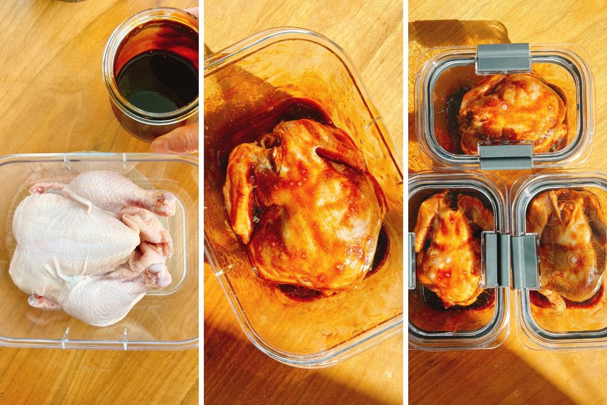 Three steps of marinating roasted Cornish hens: raw hens in a container, coated with Taiwanese thick soy sauce, then two marinated Cornish hens sealed separately in containers, all arranged on a wooden surface.